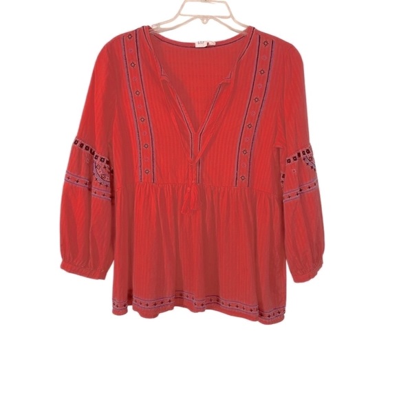 GAP Boho Peasant Blouse Red Orange Blue Embroidery V-Neck 3/4 Sleeve Size XS - Picture 1 of 13